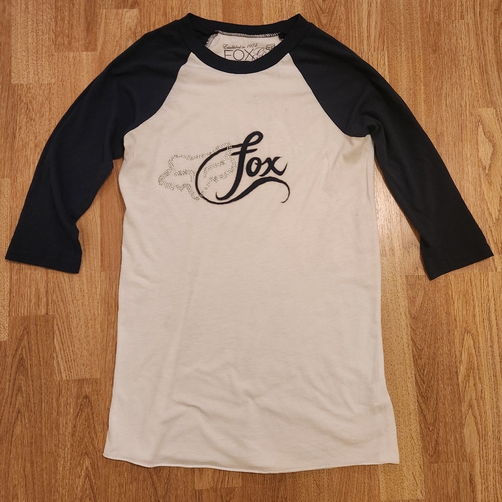 Fox Girls Cotton Baseball Tee White Navy Medium Made in USA